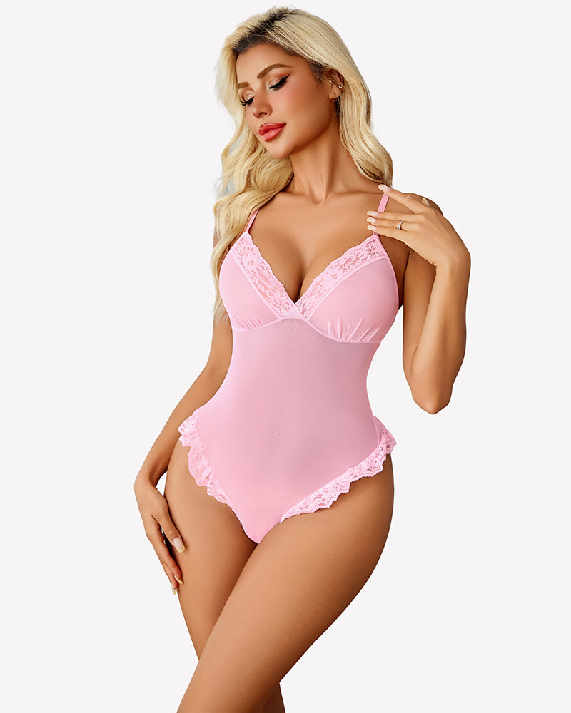 Pink mesh lace bodysuit with underwire cups and scalloped lace hem