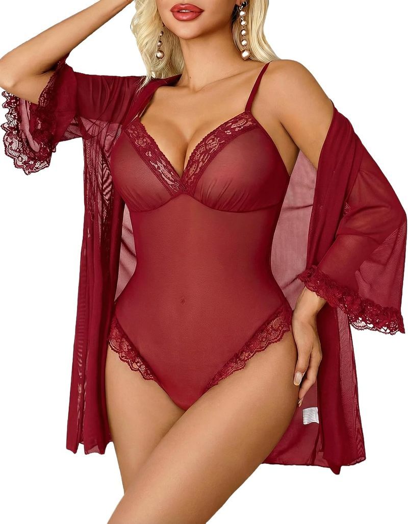 Wine red lace mesh bodysuit and matching robe set