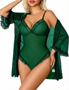 Dark green lace mesh bodysuit and matching robe set
