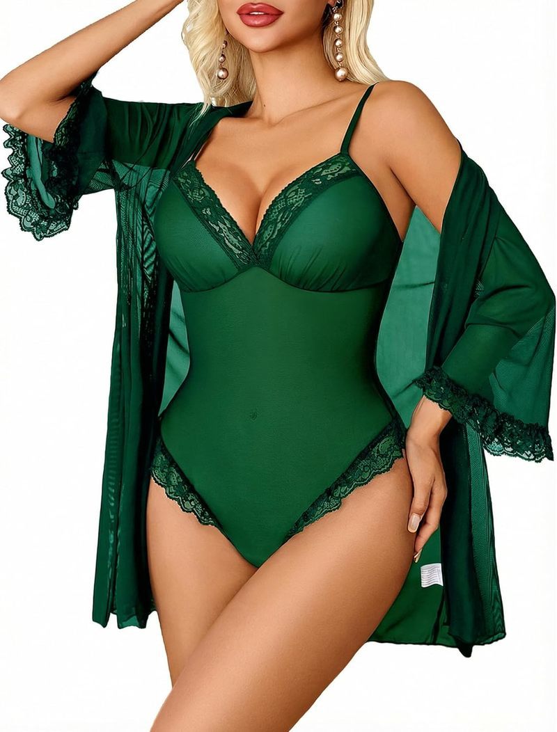 Dark green lace mesh bodysuit and matching robe set