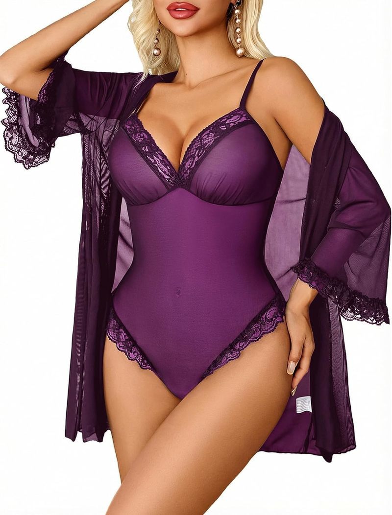 Purple lace mesh bodysuit and matching robe set
