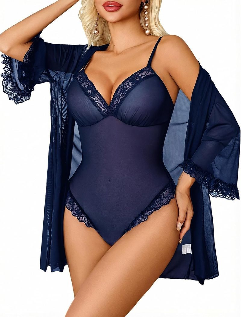 Navy blue lace mesh bodysuit and matching robe set