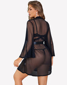 Dark sheer mesh robe with lace bra and lace thong, back view styling.
