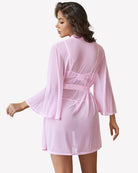 Sheer mesh lingerie robe over lace bra and thong, light pink set.