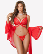 Red lace lingerie bra and thong with sheer red robe sleeves, front view.