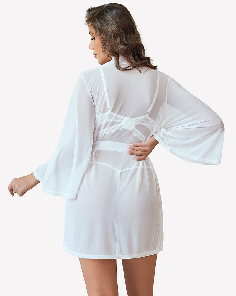 White sheer mesh robe with lace bra straps and matching lace thong