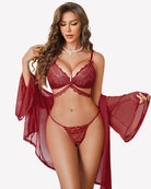 Wine red sheer lace bra and thong set with matching flowing mesh robe