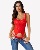 Red underwire lace corset with garter straps and matching thong panty