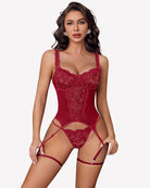 Wine red underwire corset set with lace embroidery, garter straps, and matching panty