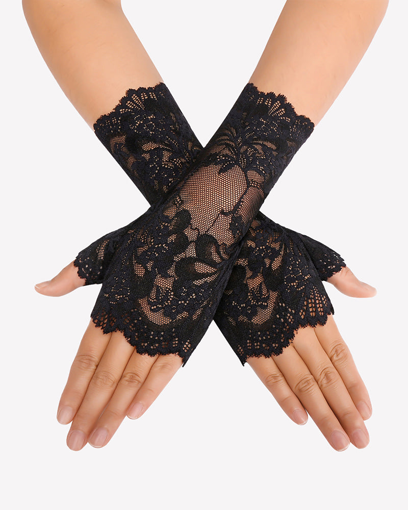 Black lace fingerless wrist gloves with floral appliques and scalloped cuffs