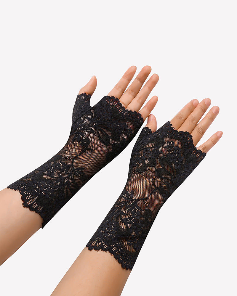 Pair of black lace fingerless wrist gloves with floral pattern and scalloped cuffs