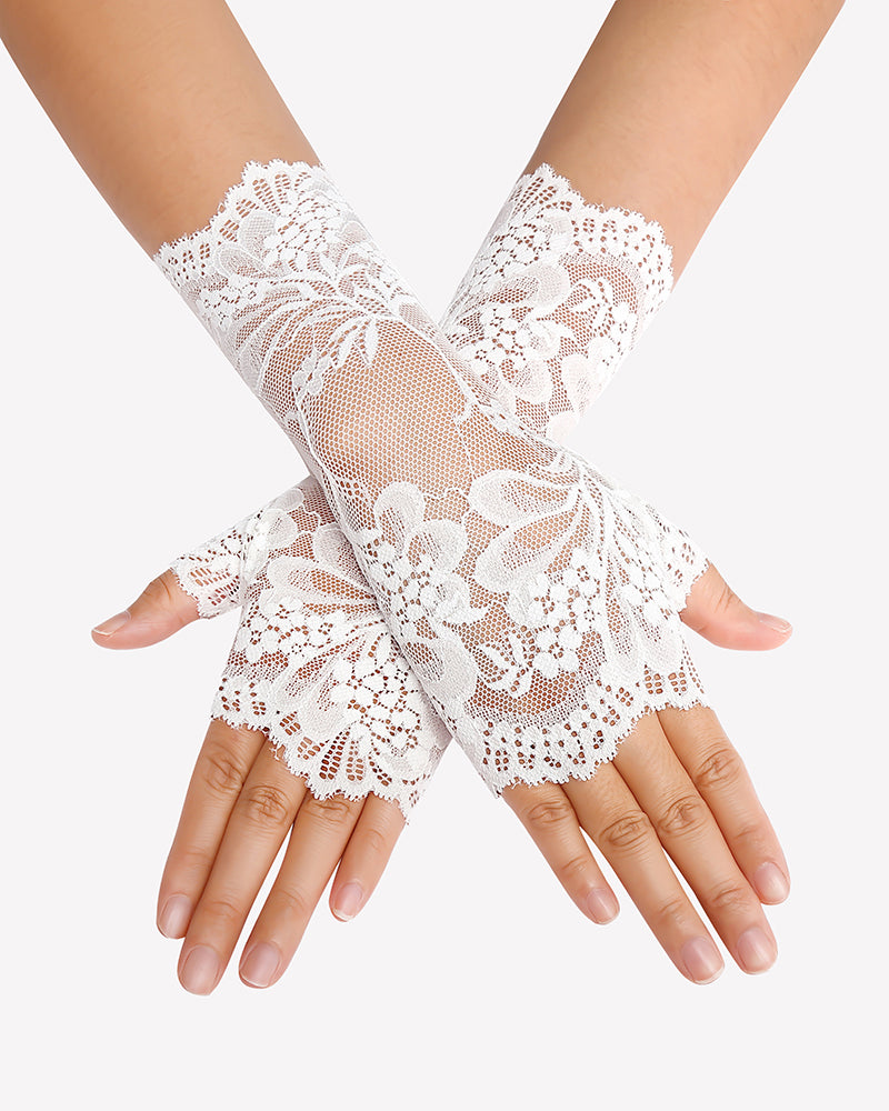 White lace fingerless wrist gloves with floral appliques and scalloped cuffs
