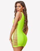 Fluorescent lime hollow-out mini dress with long vertical side lace-up cutouts