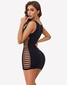 Black hollow-out mini dress with vertical side lace-up cutouts and sleeveless straps