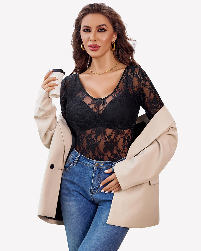 Black sheer lace long-sleeve bodysuit, V-neck and lace panel design.