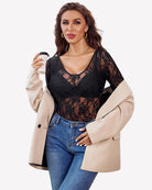 Black sheer lace long-sleeve bodysuit, V-neck and lace panel design.