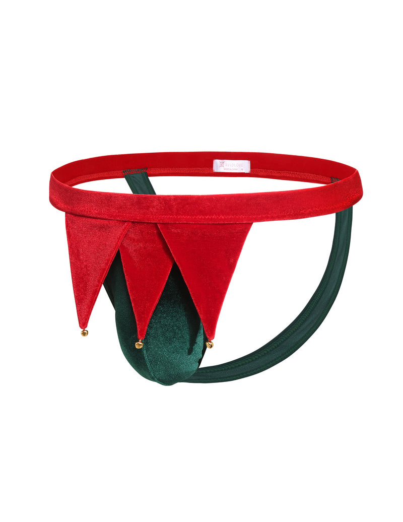 Red and dark green low-rise men's thong with bell accents and triangular garland trim