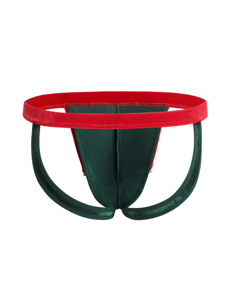 Dark green thong with red low-rise waistband and central panel detail