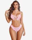 Pink floral lace bra and thong set with choker, strappy push-up design