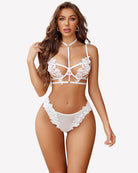 White floral lace bra and thong set with choker, strappy push-up design