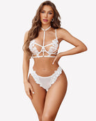 White floral push-up bra and thong set with removable choker, lace straps and trim