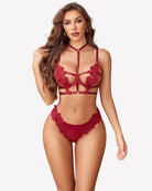 Burgundy floral push-up bra and thong set with removable choker, lace appliqué cups