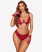 Burgundy floral push-up bra and thong set with removable choker, lace underwire cups