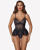 Black lace bodysuit with mini babydoll peplum, sheer mesh skirt and central bow