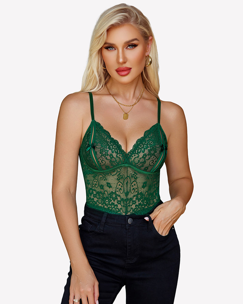 Green lace bodysuit with mini babydoll peplum, sheer cups and lace overlay