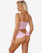 Pink lace bodysuit with back straps and mini babydoll peplum, sheer lace bodice