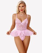 Pink lace bodysuit with mini babydoll peplum, sheer straps and scalloped trim