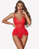 Red lace bodysuit with mini babydoll peplum, V-neck cups and ruffled skirt
