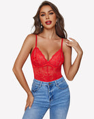 Lace bodysuit with mini babydoll silhouette, red lace bodice with sheer panel