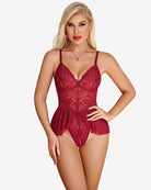 Lace bodysuit with mini babydoll peplum, dark red lace cups and layered skirt