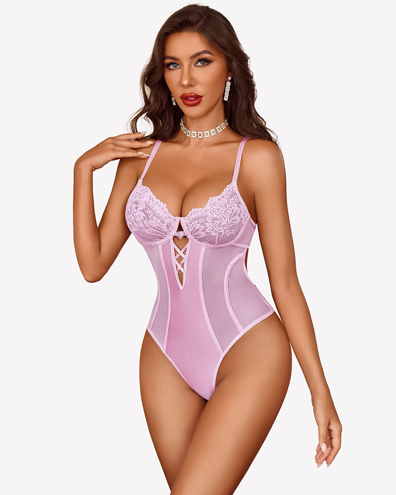 Light pink lace teddy bodysuit with deep V neckline, lace cups, crisscross sheer