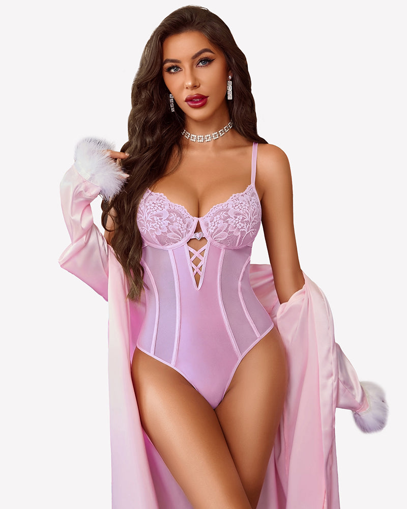 Light pink lace teddy bodysuit with deep V neckline and lace cups, robe sleeves