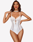 White lace teddy bodysuit with deep V neckline, lace cups, crisscross sheer center