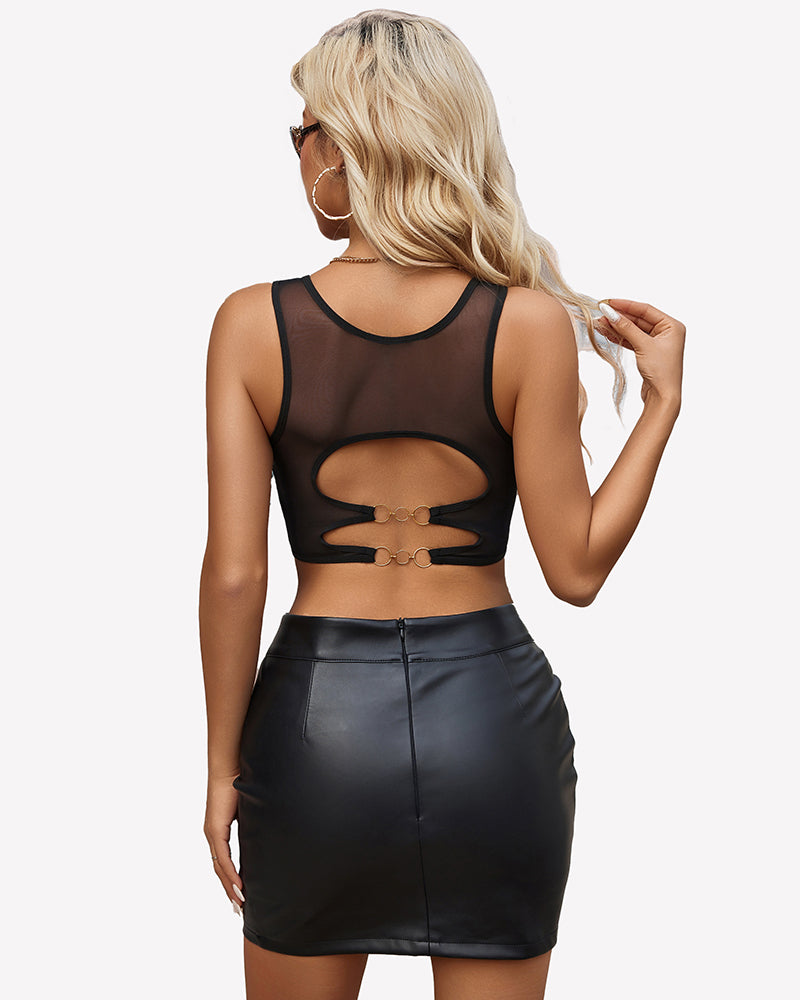 Black mesh camisole tank top with cutout back and double ring detail