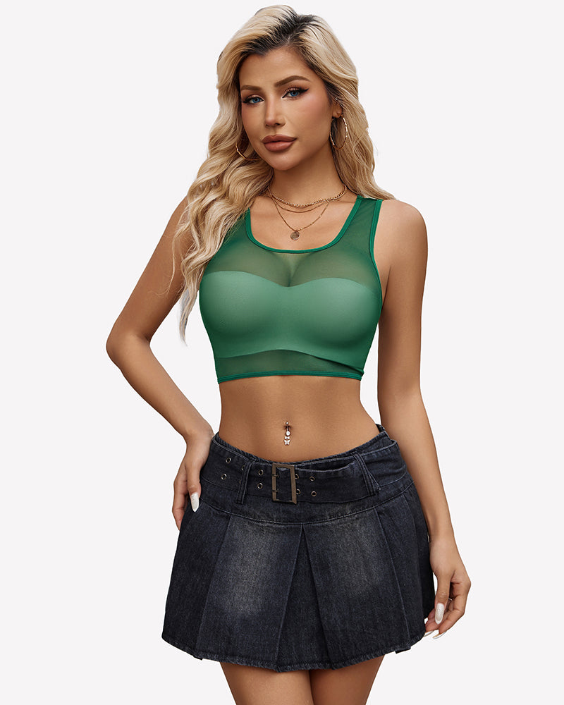 Green mesh camisole tank top with sheer front and sporty crew neckline