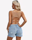 Beige mesh camisole tank top with cutout back and gold ring hardware