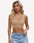 Beige mesh camisole tank top with sheer front and round neckline