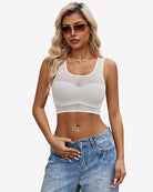 White mesh camisole tank top with sheer front and sporty crew neckline