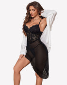 Black bodycon corset lace mesh dress with scalloped neckline and ruffled hem
