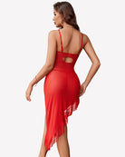 Red corset-style lace mesh bodycon dress with open back cutout and ruffle hem