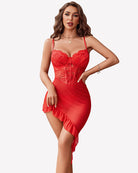 Red lace corset bodycon dress with spaghetti straps and ruffled mini hem