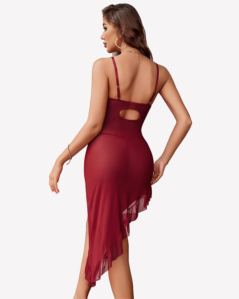 Wine red corset-style lace mesh bodycon dress with open back cutout and ruffle hem