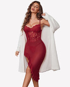 Red corset-style lace mesh bodycon dress with ruffle trim and open back cutout