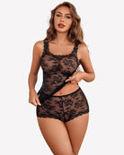 Black floral lace cami and matching lace shorts lingerie set