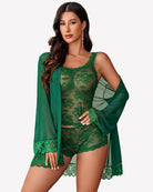 Green floral lace cami and shorts with sheer robe lingerie set