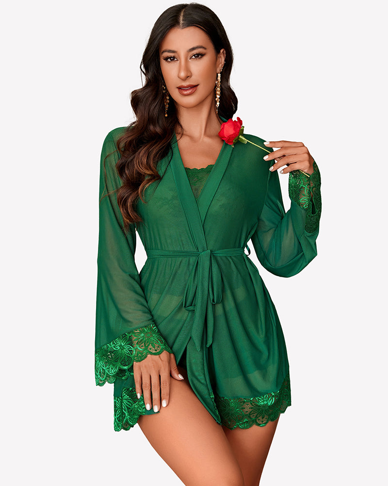 Green sheer robe with floral lace trim and matching lingerie set